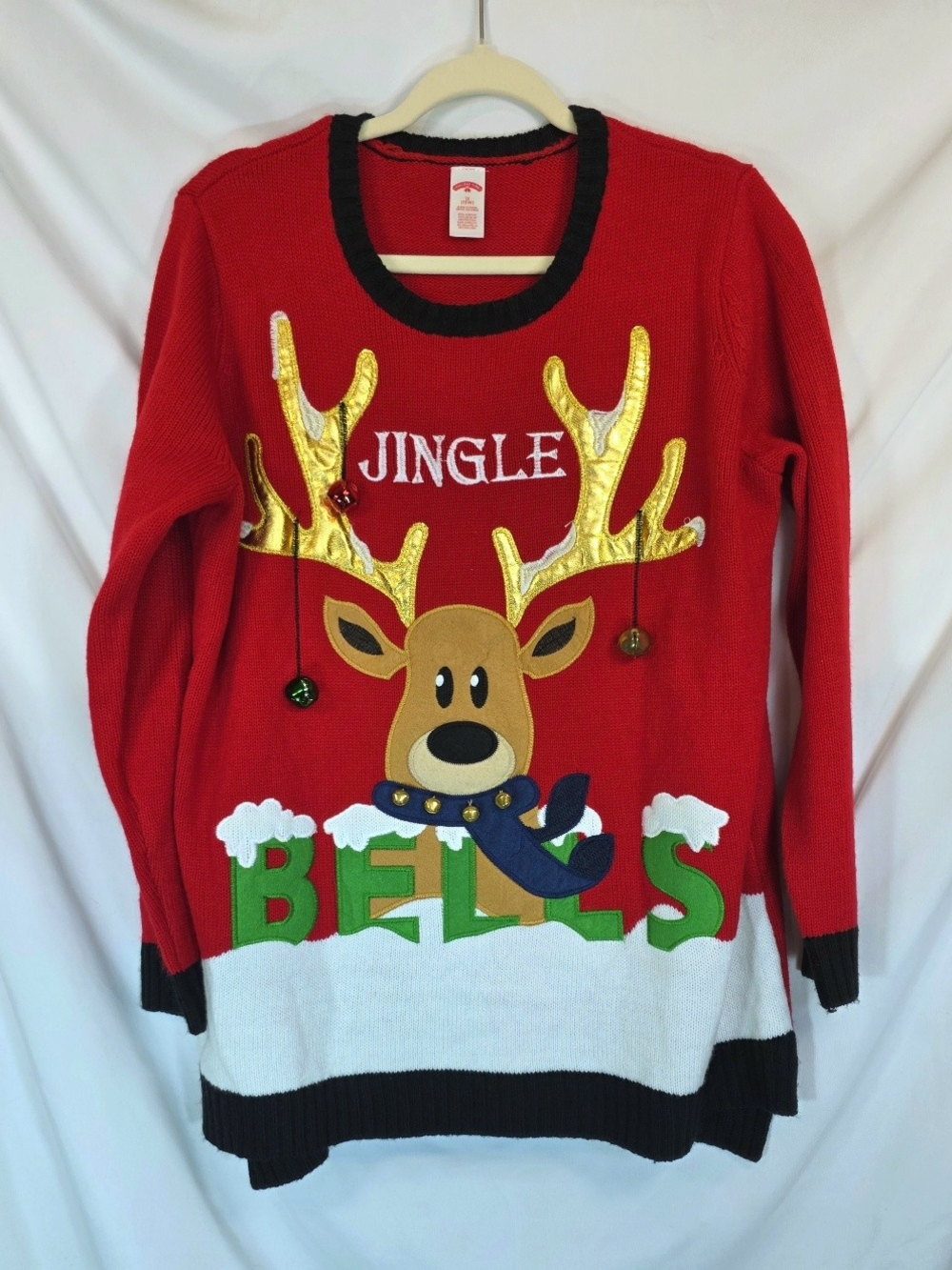 Holiday Time Sweater Women 1X Red Reindeer Jingle Bells Ugly Christmas Novelty